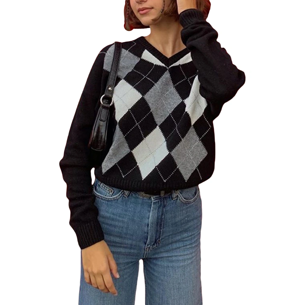 Women's V Neck Sweaters, Long Sleeve Argyle Print Loose Jumper Tops