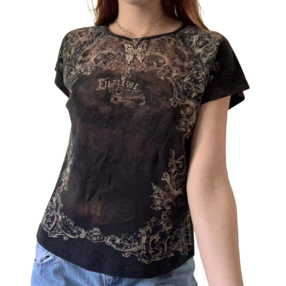 Women Crop Tops, Vintage Short Sleeve Summer T-shirt Tops for Casual