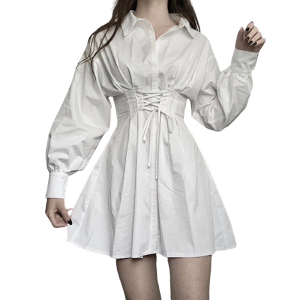 Women's Spring White Long Sleeve Turn Down Collar Button Down Dress