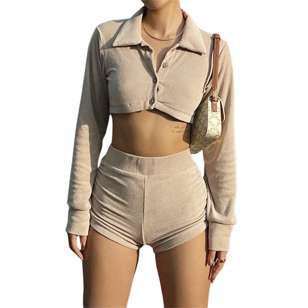 Women Casual Wear Set Button Up Long Sleeve Cropped Tops and Shorts