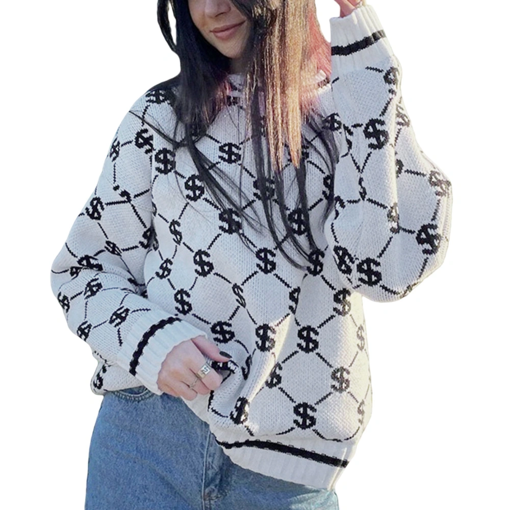 Women Fashion Sweater Rhombus Plaid Dollar Pattern Knitted Pullovers