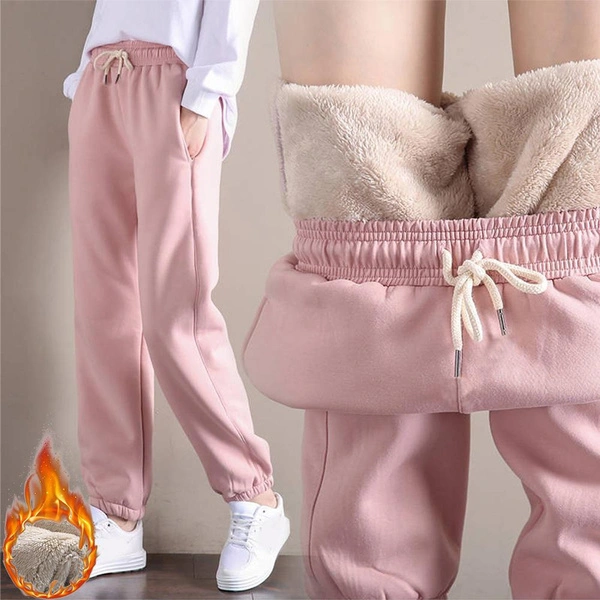 Women's Warm Sherpa Lined Sweatpants Drawstring Athletic Jogger Fleece Pants with Pockets