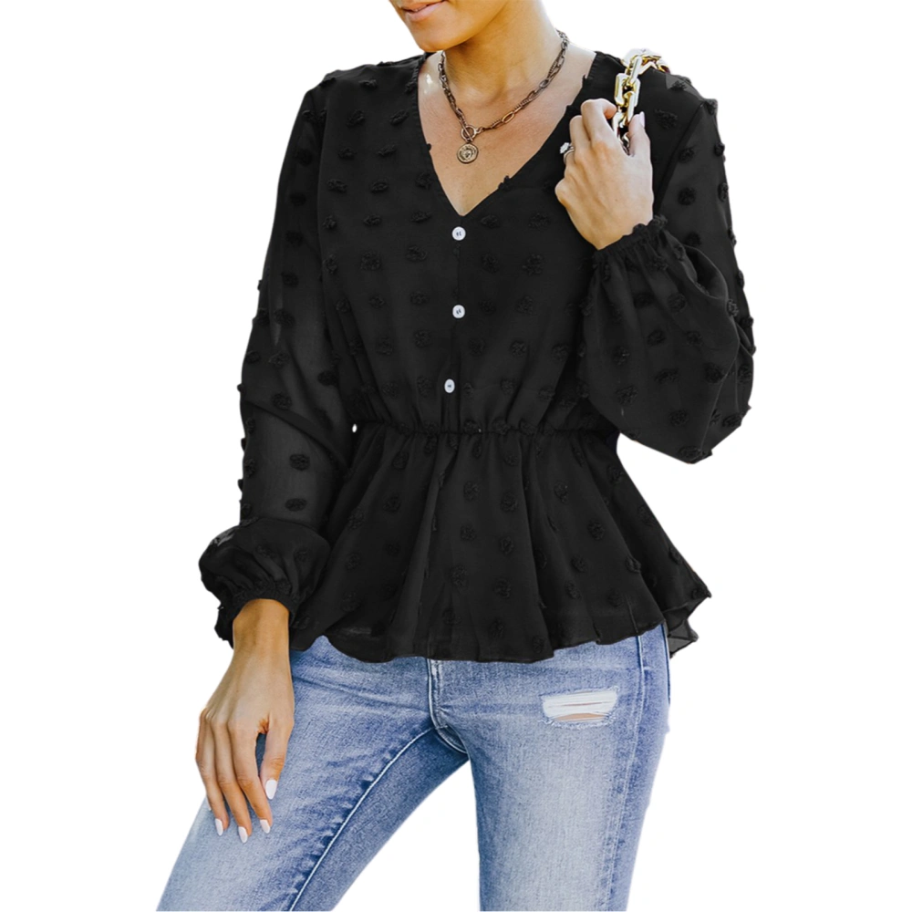 Female Casual Tops, Solid Color V-Neck Long Sleeve Blouse Pullover