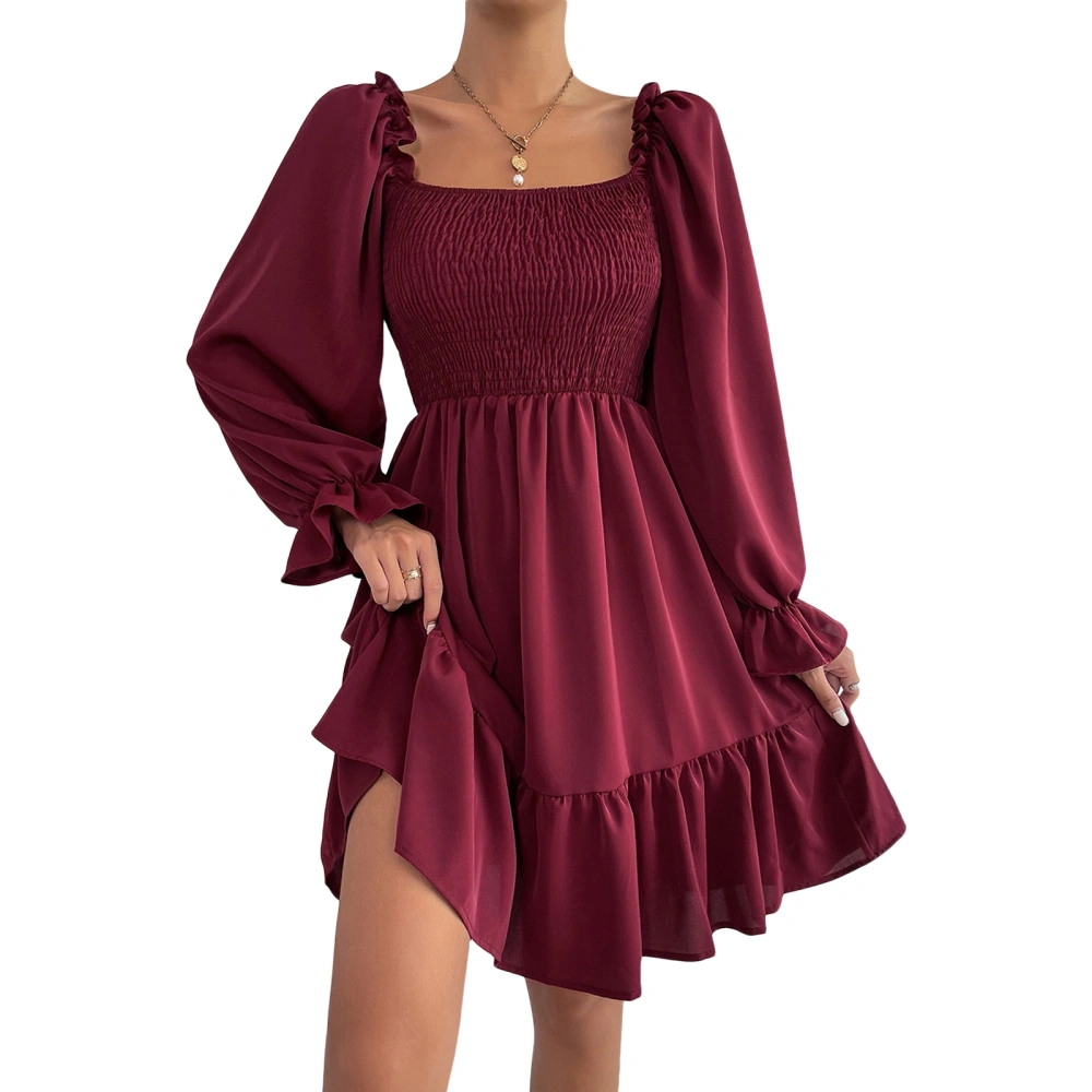 Women’s Mini A-Line Dress, Long Sleeve Square Neck Smocked Dress