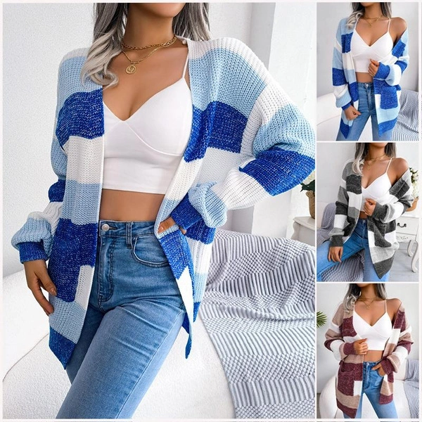 New Women's Autumn and Winter V-neck Contrast Stripe Lantern Sleeve Sweater High Quality Fashion Knitted Cardigan Sweater Women's Cardigan Coat