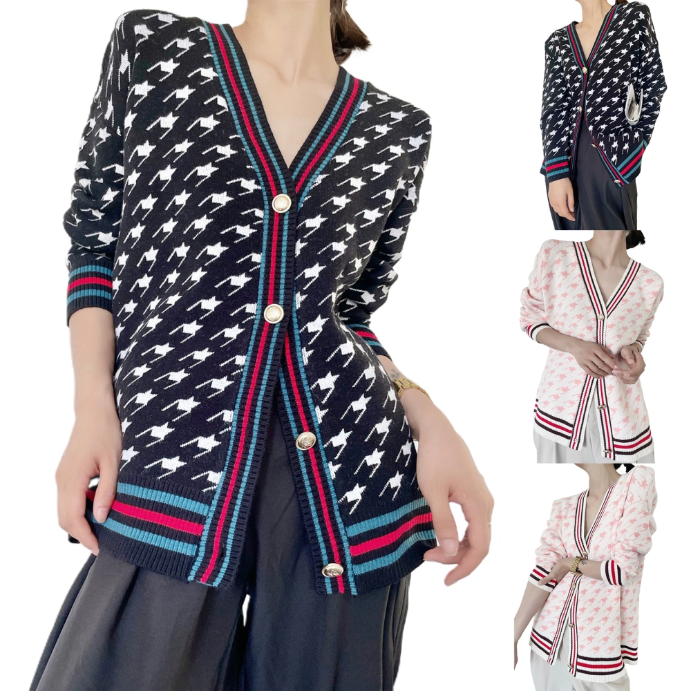 Female Knitwear, Houndstooth Patterns V-Neck Long Sleeve Cardigan Coat