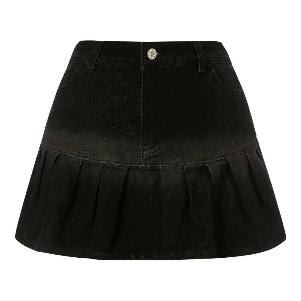 Women Gradient Pleated Skirt, Casual Zipper Denim Skirt with Pockets