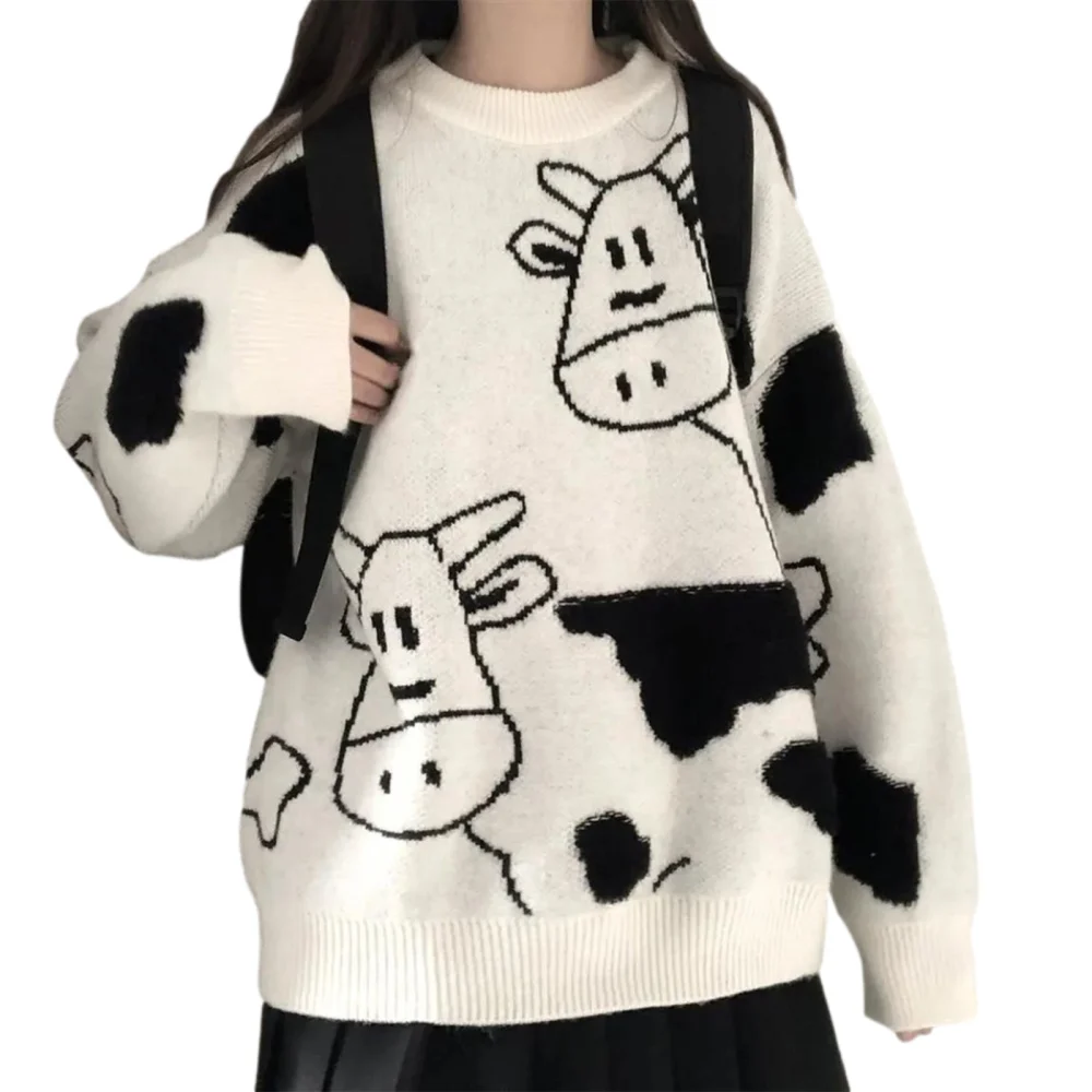 Women Crew Neck Loose Sweater, Long Sleeve Cartoon Cow Print Pullover