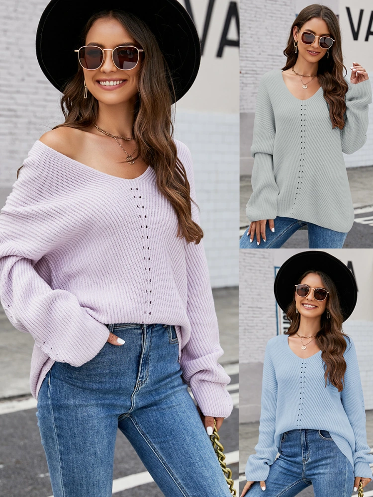 New Women's Autumn and Winter V-neck Long Sleeve Knitted Pullover Sweater Fashion Casual Loose Raglan Sleeve Knit