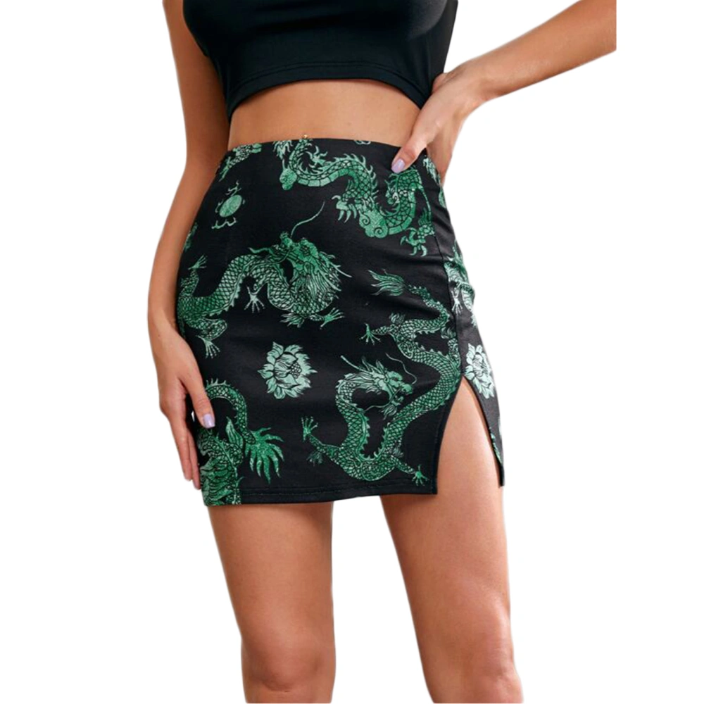 Women Fashion Dragon Print Skirt Stylish High Waist Split Skirt