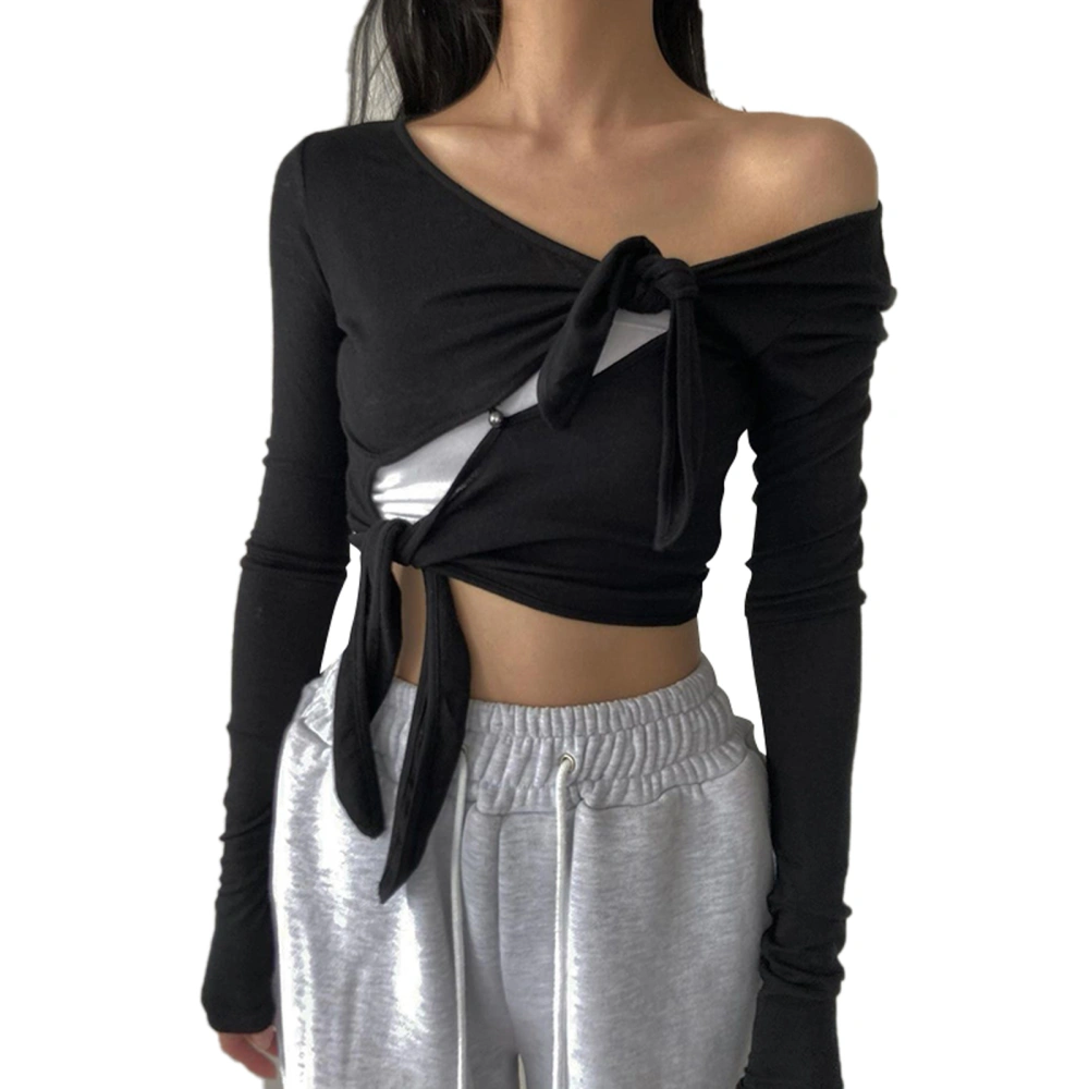 Ladies Hollow Midriff-baring Tops, Long Sleeve Knotted T-shirt