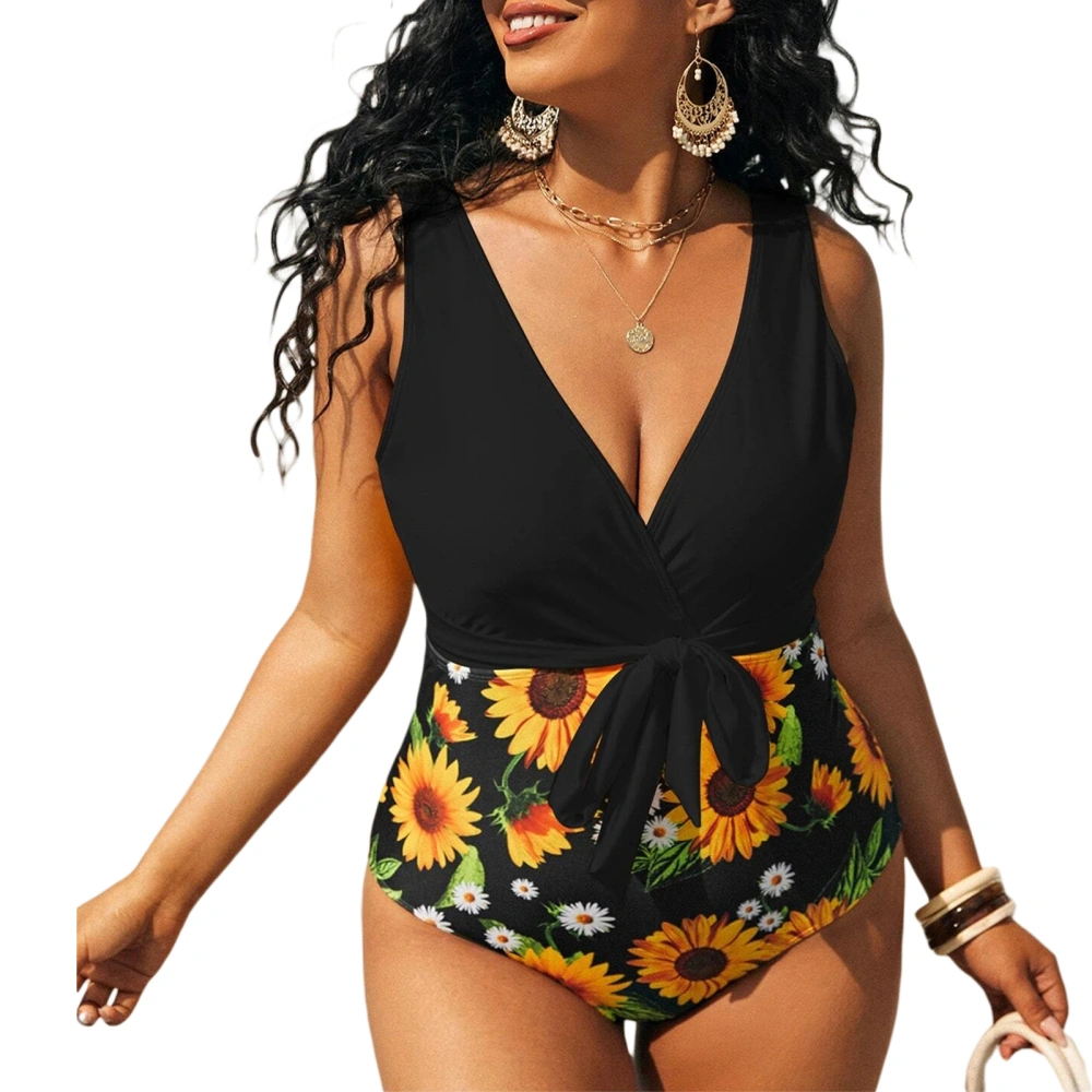 Summer Ladies One-piece Swimsuit, V-neck High Waist Tie Up Swimwear 