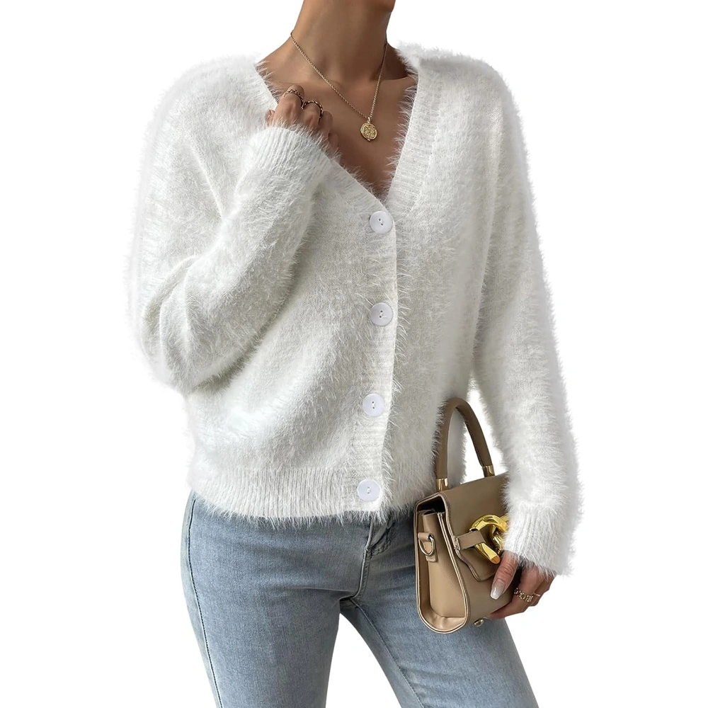 Women Cropped Cardigans Winter Furry Long Sleeve V Neck Button Down Open Front Loose Fit Sweater