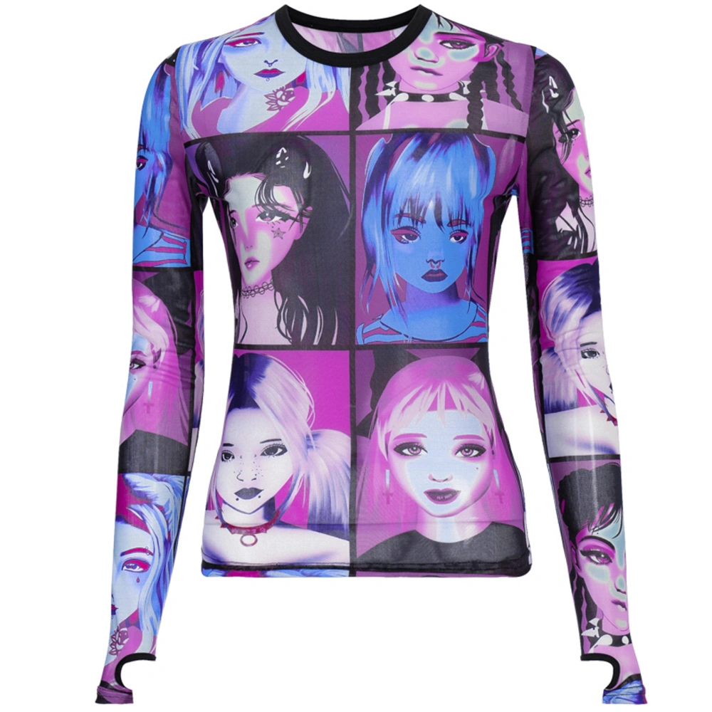 Women Crop Tops, Multicolor Human Face Print Long Sleeves Camisole