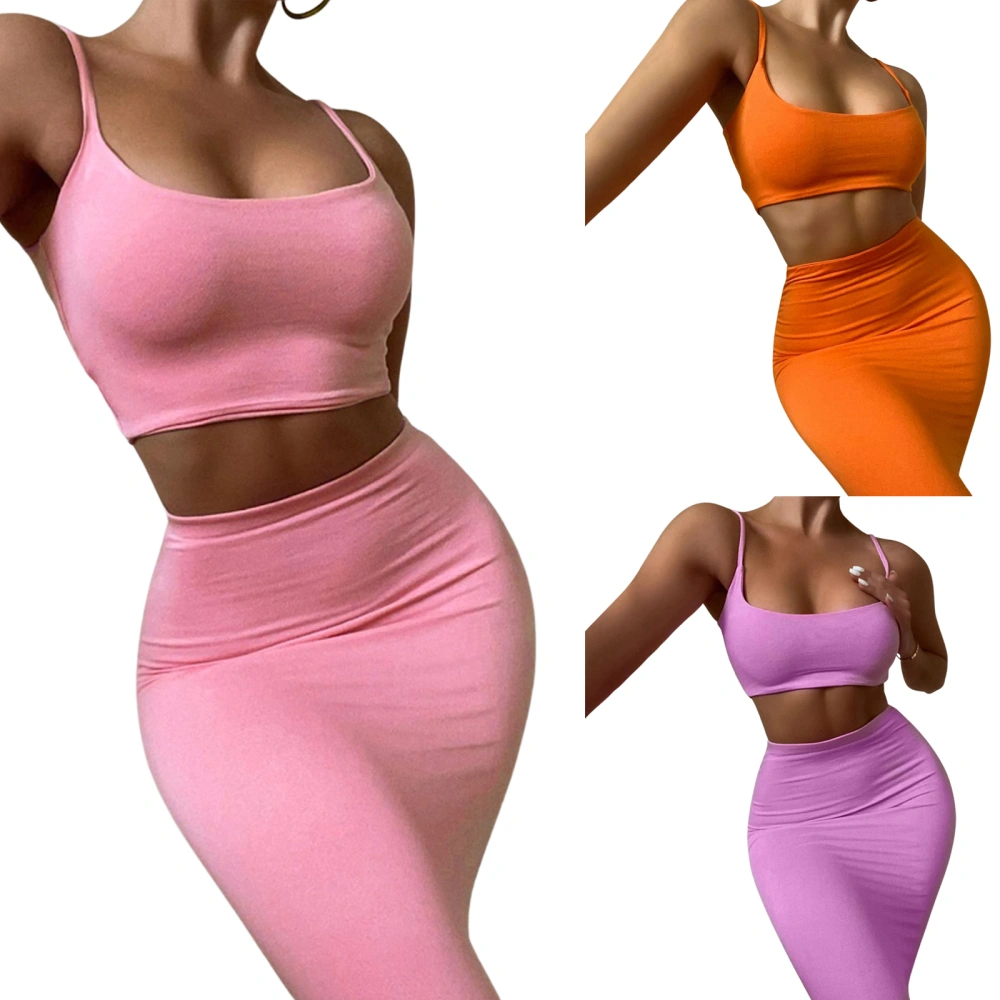 Women Clothes Set, Solid Color Sleeveless Crop Tops and Long Skirt