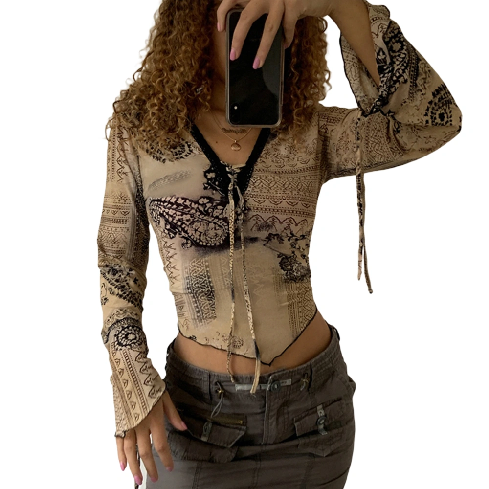 Women’s Abstract Print Tie-up V-neck Exposed Navel Long Sleeve Tops