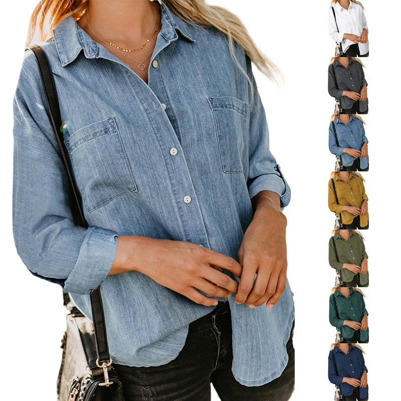 Womens Button Down Denim Shirt Collared Casual Short Sleeve Pocket Tops Ladies Clothing Autumn