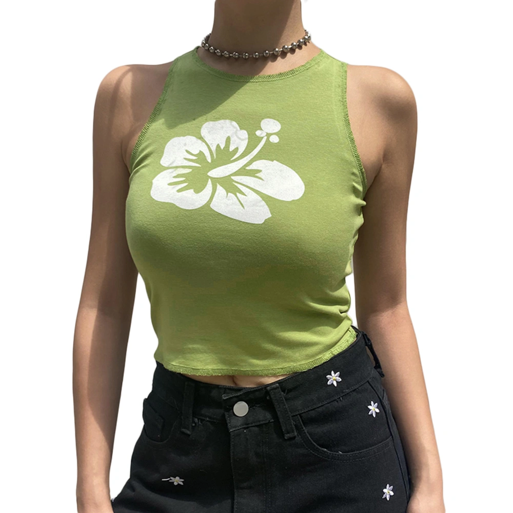 Ladies Midriff-baring Camisole, Printing Round Collar Sleeveless Tops