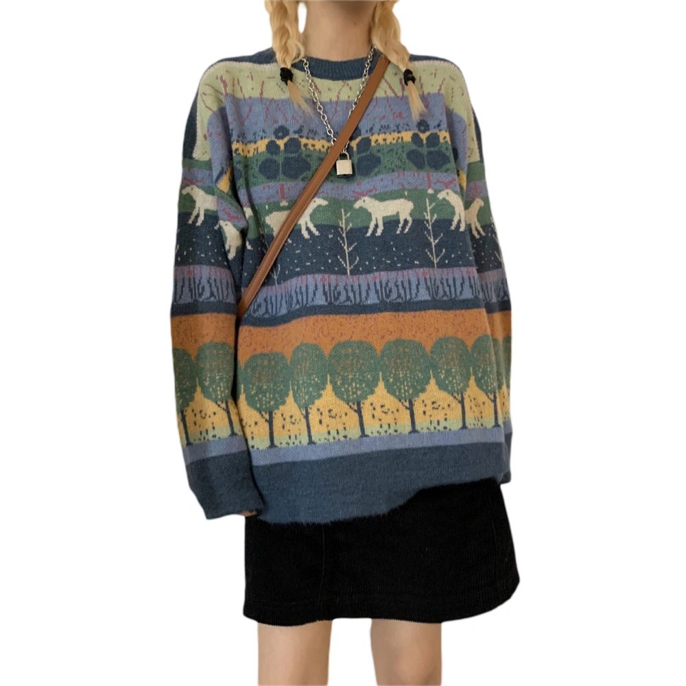 Knit Sweater, Color Block Animal Print Long Sleeve Round Neck Pullover