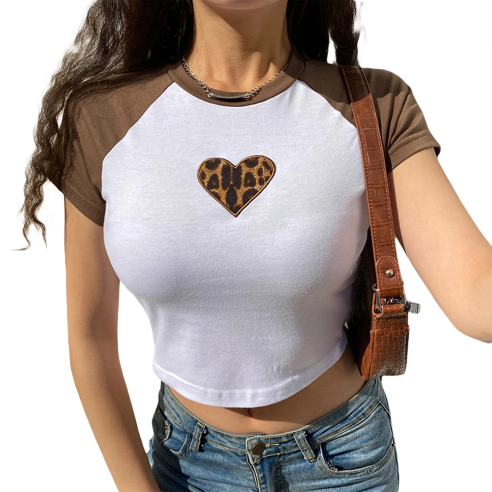 Women Raglan Crop Tops, Short Sleeve Leopard Print Slim Fit T-Shirt