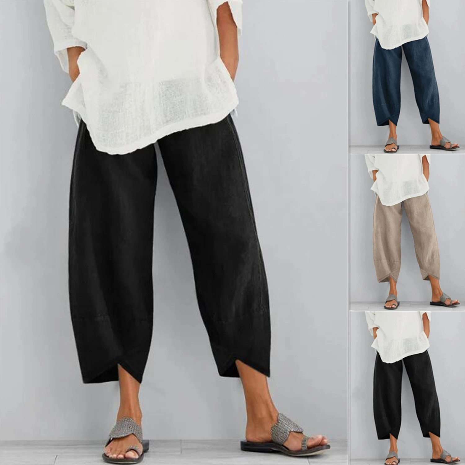 Women Ninth Pants, Solid Color Middle Waist Loose Casual Trousers