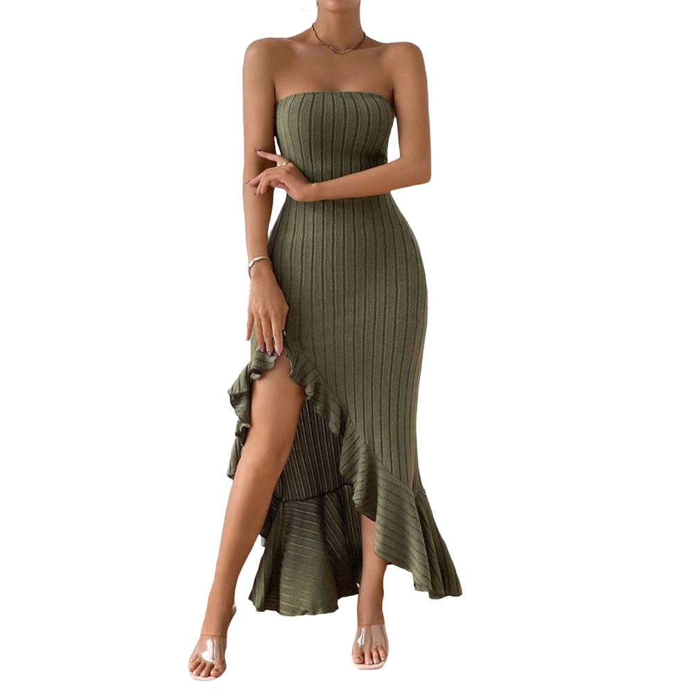 Women's Summer Knit Fitted Dress Solid Color Strapless Off Shoulder Ruffle Hem Dress