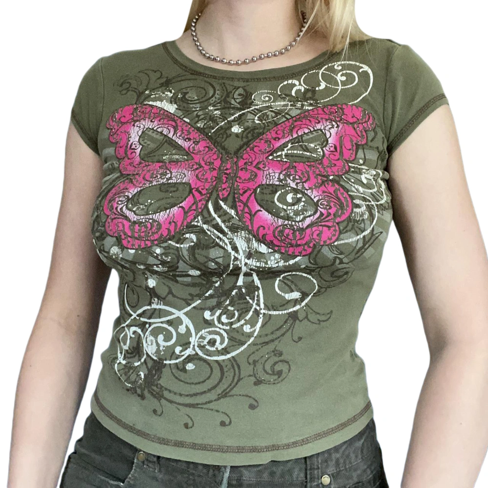 Women Bodycon T-shirt, Butterfly Print Round Collar Short Sleeve Tops