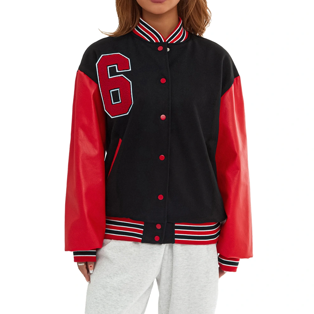 Women Baseball Jacket Number Printed  Leather Sleeve Button Jacket