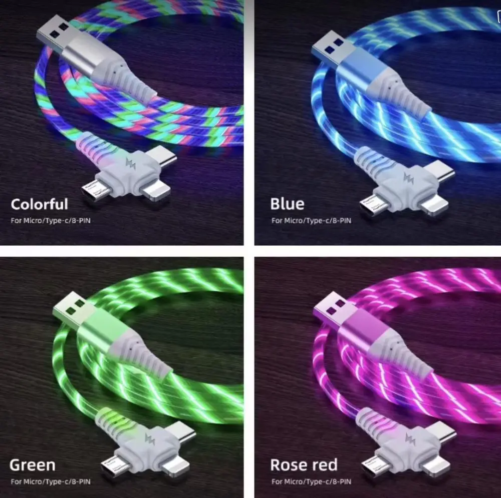 Multifunctional Charger Cable LED Light USB Cable Universal 3 in 1 USB Charging Cable Adapter Micro USB Cable USB C Cable for Android Fast Charging Cable for iPhone Cable for Samsung Huawei Xiaomi OPPO VIVO Realme OnePlus Tablet, etc.