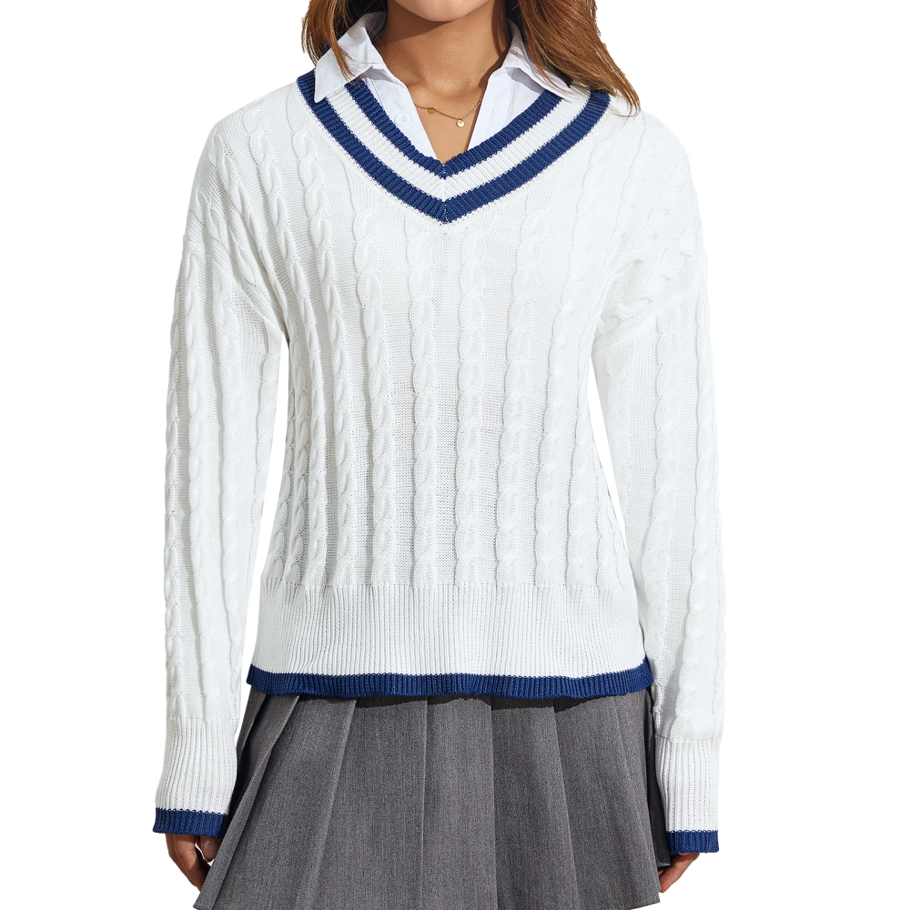 Women's V Neck Sweaters, Preppy Style Long Sleeve Cable Knit Tops