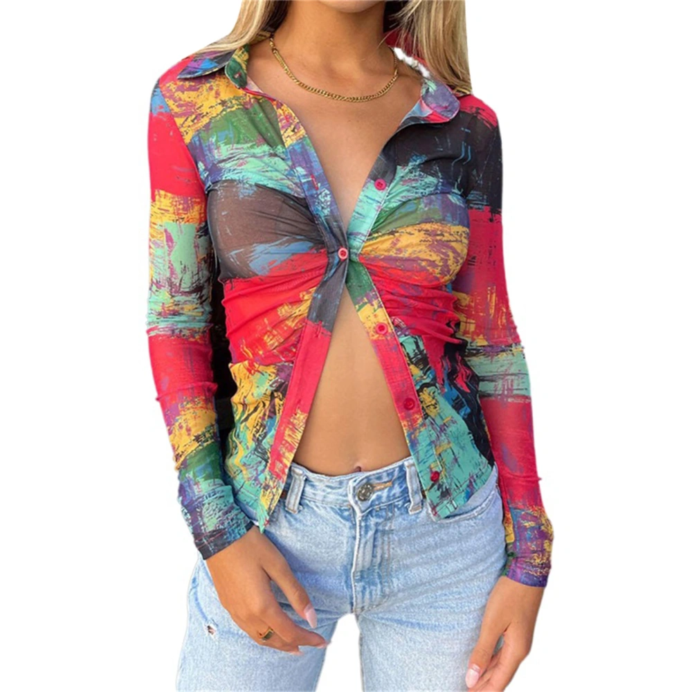 Women's Ruched Long Sleeve V Neck Tie Dye Print Button Down Shirts