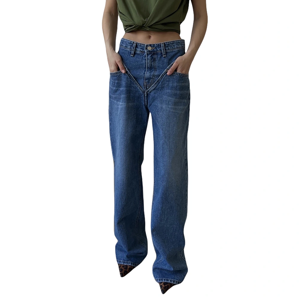 Women Vintage Wide Leg Jeans, Casual Mid Rise Loose Washed Denim Pants