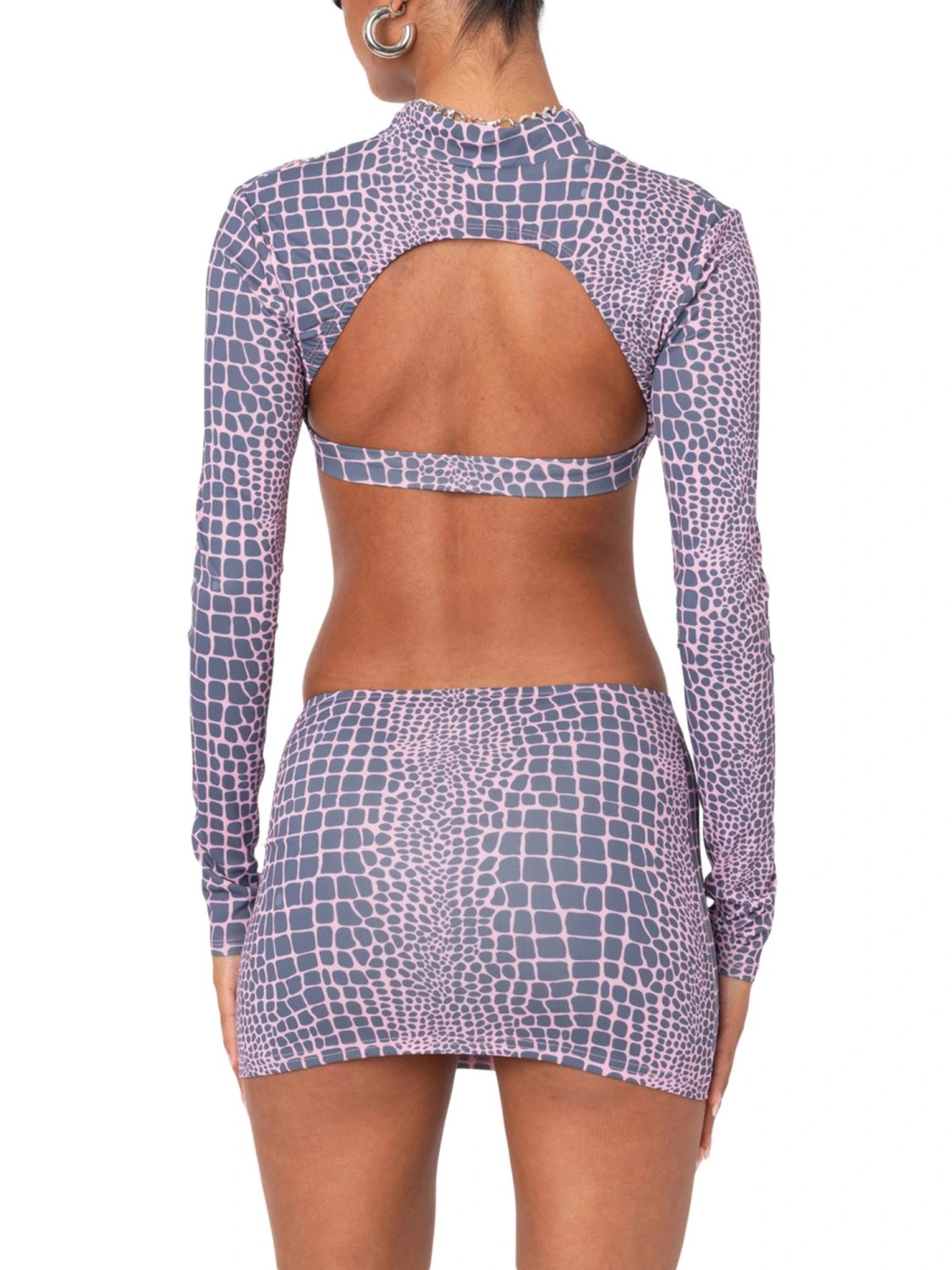 Women Skirt Set, Snakeskin Print Hollowed Crop Top + Mini Skirt