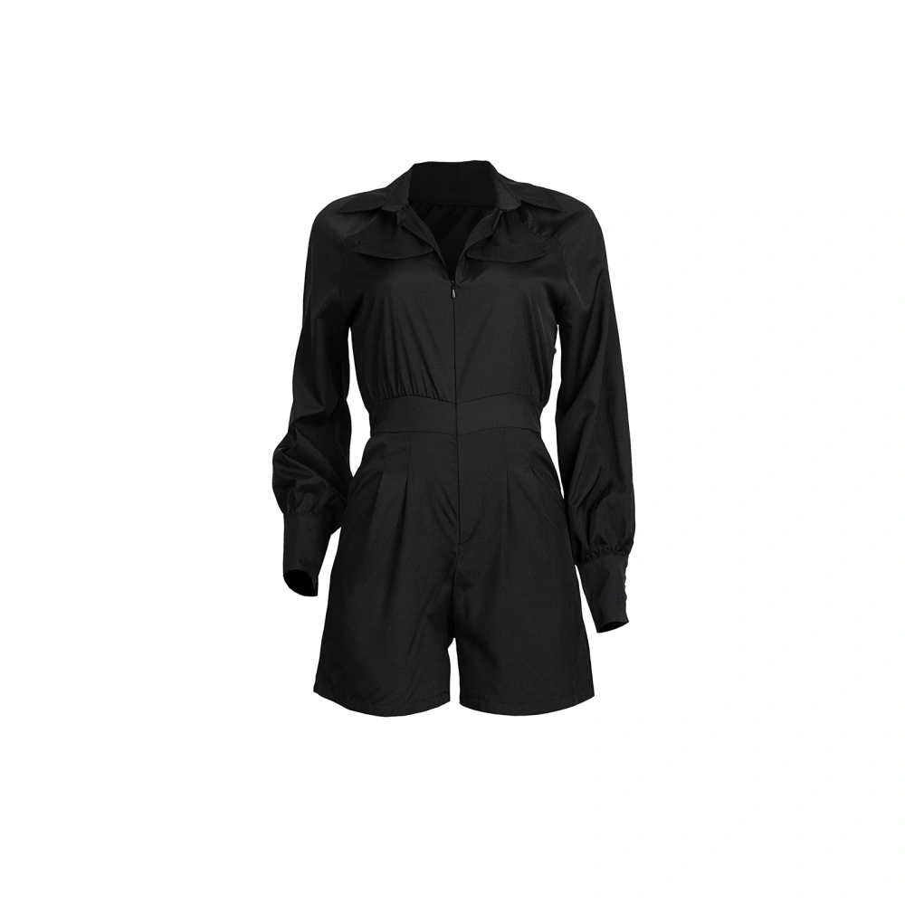 Women Playsuit, Solid Color Shirt Neck Long Sleeve Zipper Jumpsuit