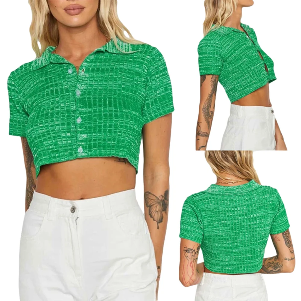 Women's Button Down Crop Tops, Short Sleeve Plaid Print Lapel Shirts