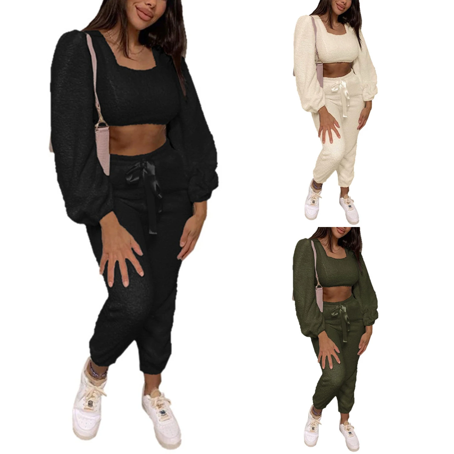 Women Two-piece Clothes Set, Solid Color Square Collar Tops and Pants