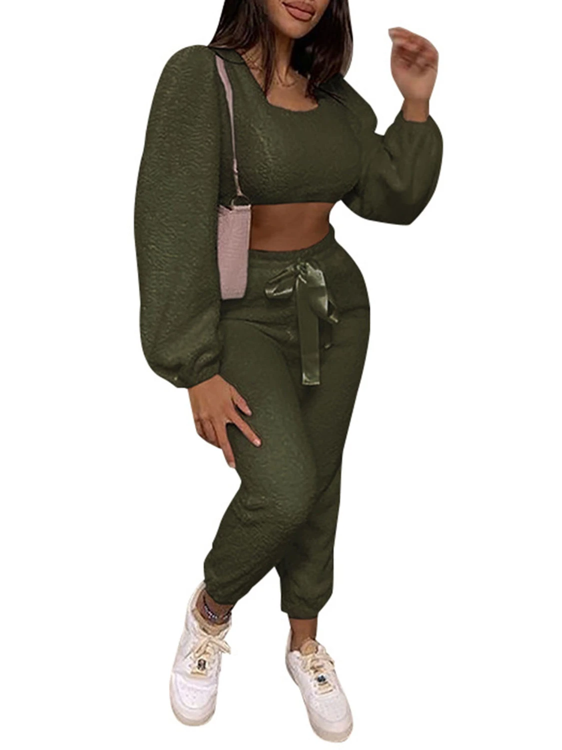Women Two-piece Clothes Set, Solid Color Square Collar Tops and Pants