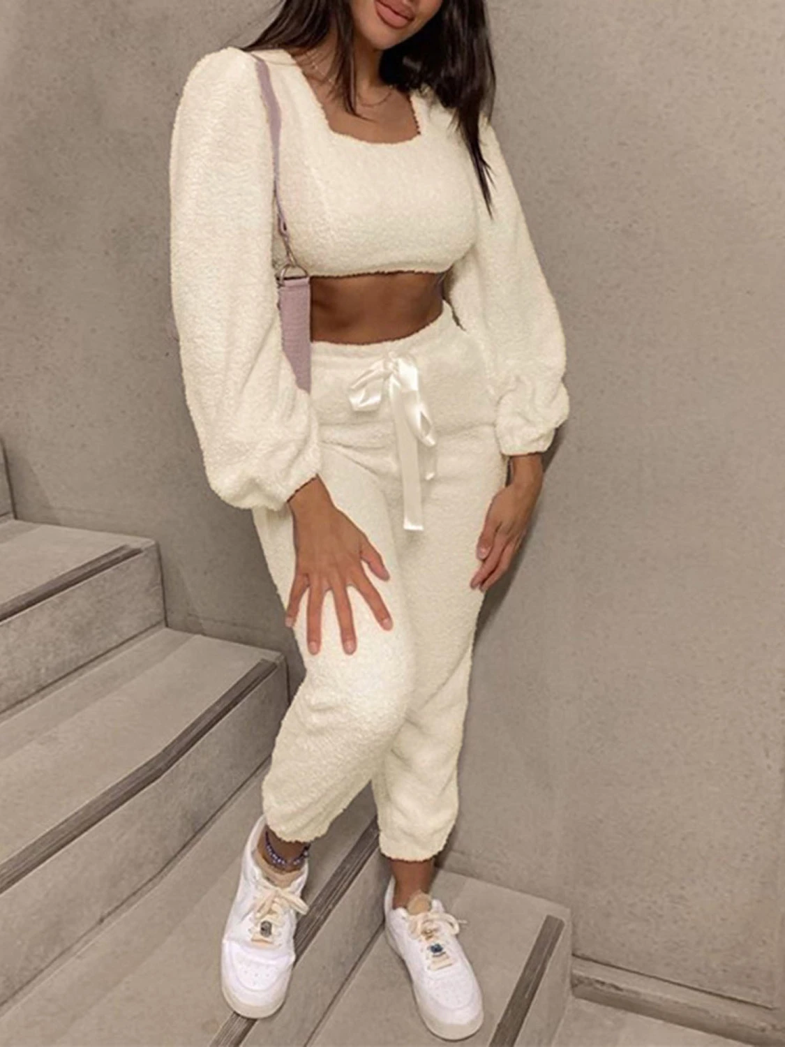 Women Two-piece Clothes Set, Solid Color Square Collar Tops and Pants