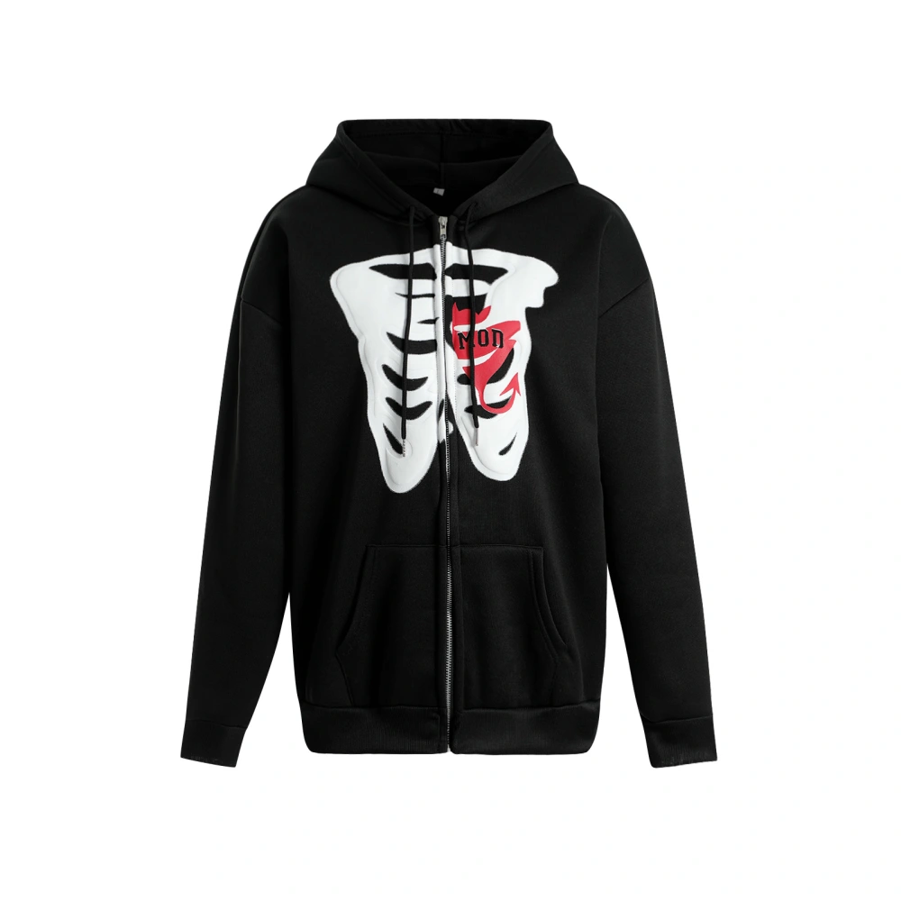 Women Hoodie, Skull Print Hooded Long Sleeves Zipper-Open Sweatshirt