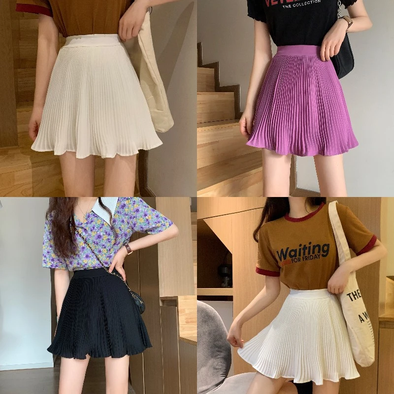 Women's Pleated Mini Skirt High Waist Solid Color Flowy A-Line Skirt