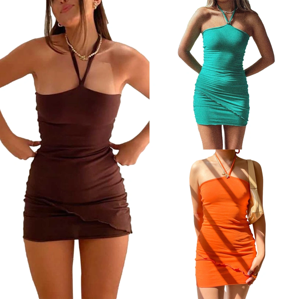 Women Close-fitting Solid Color Dress, Halter Neck Sexy One-piece