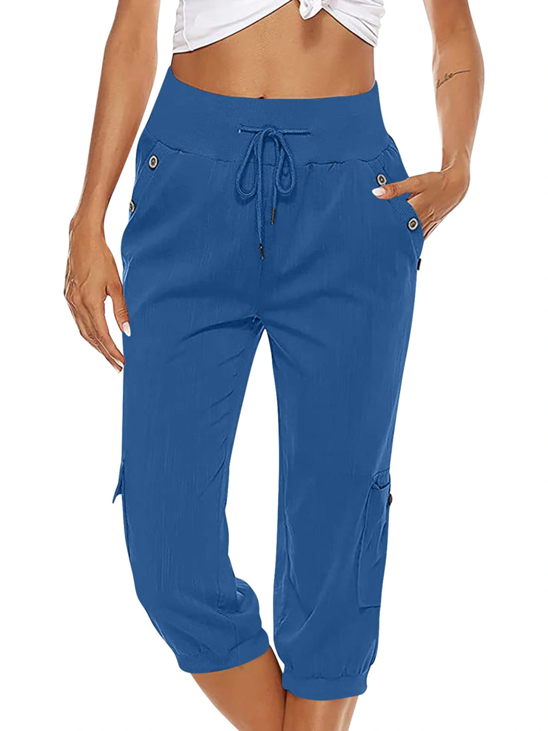 Women Capri Pants, Elastic Waist 3/4 Length Pants with Pockets