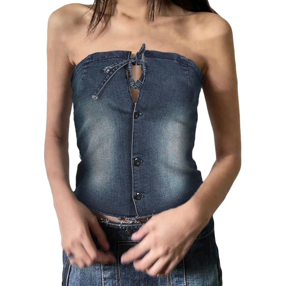 Women Vintage Washed Denim Bandeau Button Bandage Strapless Tops