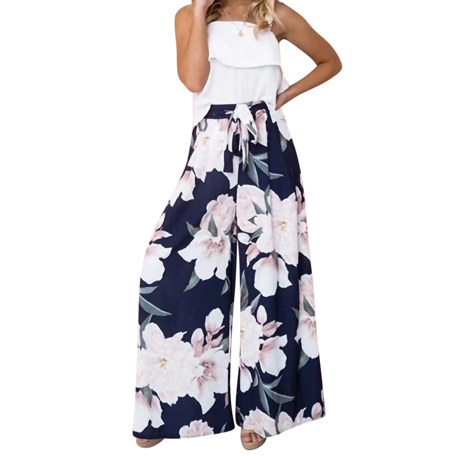 Women Printing Pants with Waistband, High Waist Wide-leg Trousers