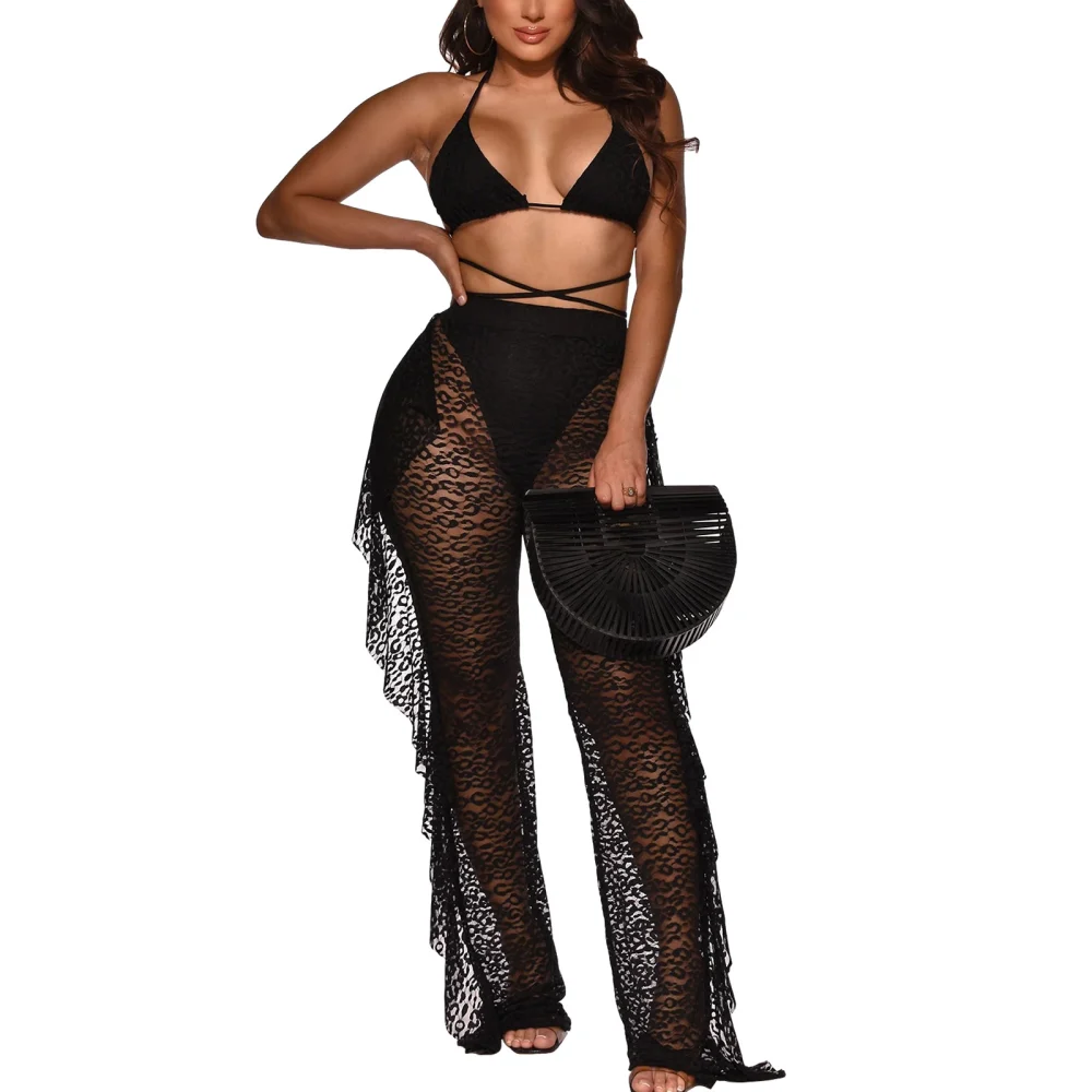 Women Bikini Cover Ups, Leopard Embroidery See-through Long Pants