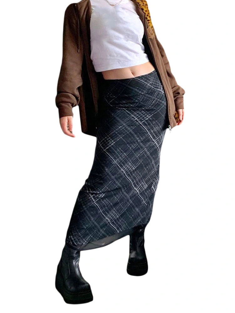 Women Casual Long Skirt, Black Plaid Print Close-fitting Dress