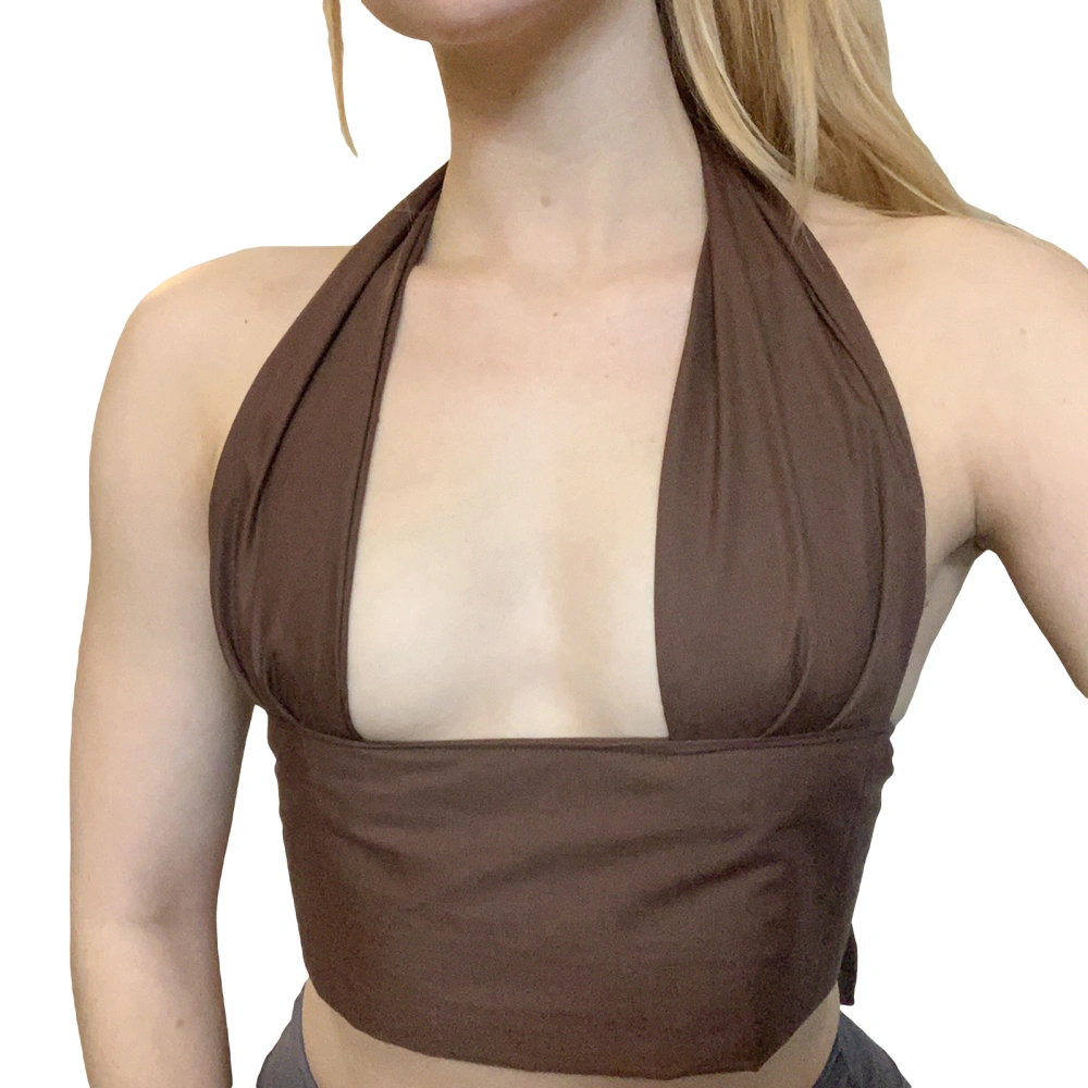 Sleeveless Low Cut Solid Color/Contrasting Color Halter Crop Top