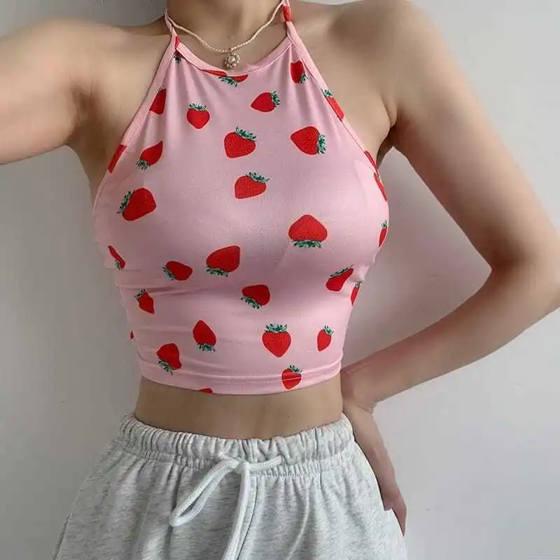 Women’s Fashion Strawberry Print Exposed Navel Lace-up Halter Vest