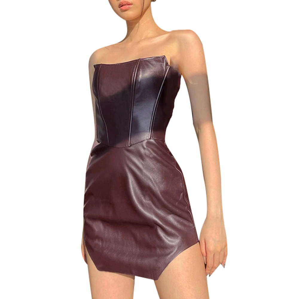 Women’s Solid Color PU Leather Tube Tops Irregular Skinny Short Dress