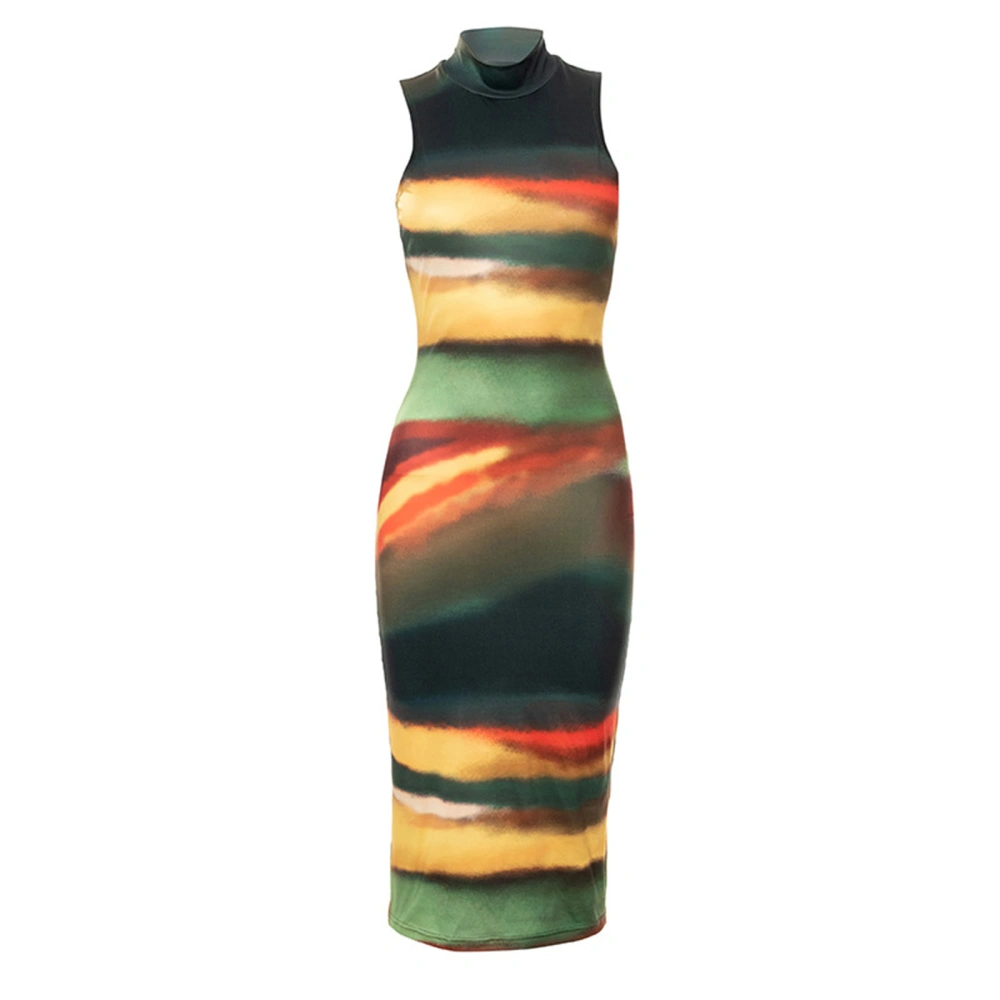 Women Sheath Dress, Sleeveless Gradient Print Round Neck One-piece